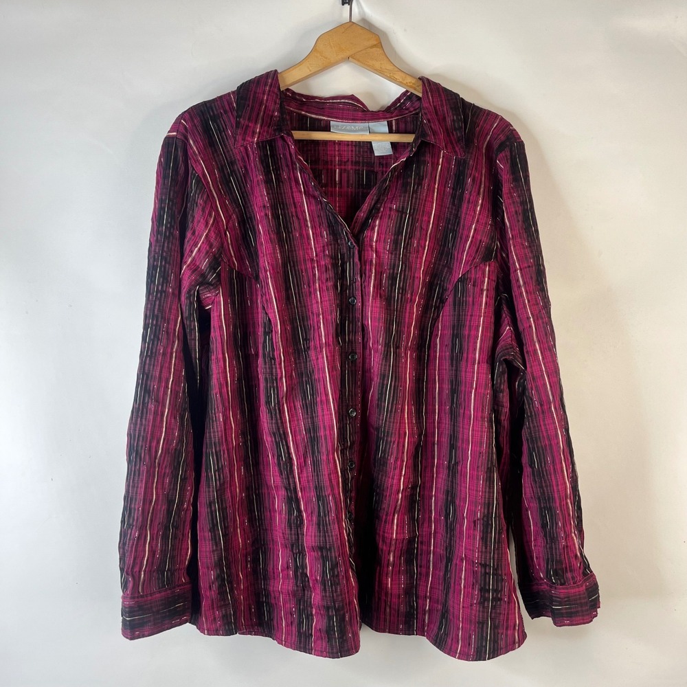 Liz & Me Button Down Blouse Womens 2X Magenta Black Striped Metallic Shimmer